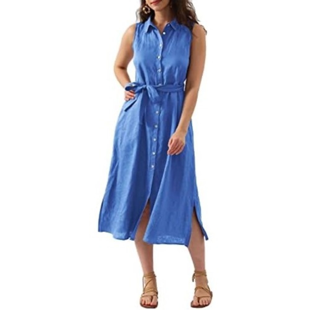 Amazhiyu Linen Shirt Dress Womens XXL Blue Sleeveless Midi Belted 320701WLP